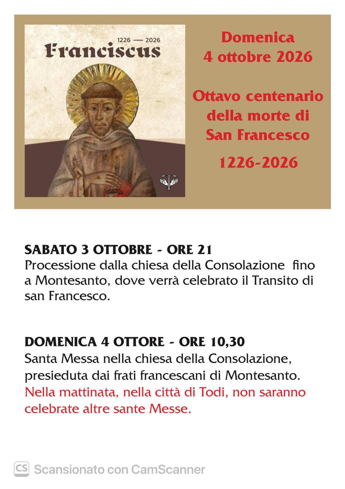 Ottavo centenario della morte di San Francesco
